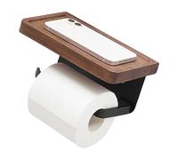 Soporte de pared con estante de madera de nogal, almacenamiento de baño de acero inoxidable negro para teléfono y almacenamiento esencial de pañuelos de baño