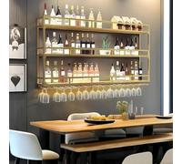 Soporte de pared de metal para botellas de vino de 3 niveles con luz LED y soporte de vidrio, muebles de barra dorada para los amantes del vino, elegante solución de almacenamiento de hierro