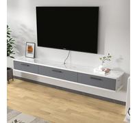 Soporte de pared flotante para TV, estante largo para consola de TV con puerta abatible, almacenamiento moderno para el hogar para sala de estar, 140 x 22 x 20 cm, rayas grises, elegante armario de TV