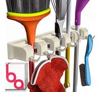 Soporte pared para escobas y organizador de jardín, armarios, cocina, hogar y garaje para mangos de rastrillos o mopas hasta 3,18 cm, con perchero y 6 ganchos (beige, 1 unidad)