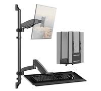 Soporte de pared para estación de trabajo con soporte para monitor individual, bandeja para teclado y soporte para CPU, altura ajustable y brazos totalmente articulados para pantallas de 17-32