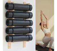 Soporte de pared para esterilla de yoga, estante de almacenamiento de madera de 6 niveles para gimnasio en casa, organizador de fitness con ganchos de pared para esterillas de yoga