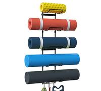 Soporte de pared para esterilla de yoga, organizador de pared, rodillo de espuma de almacenamiento y bloque, con 5 seccionales y 3 ganchos para colgar correa de yoga, bandas de resistencia en clase