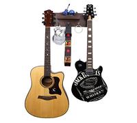 Soporte de pared para guitarra, colgador de pared de madera maciza con 3 ganchos de almacenamiento y 2 ganchos giratorios de goma para guitarra, soporte de exhibición de guitarra con estante y soporte para púas para todos los tamaños de guitarra, color negro nogal