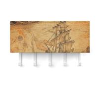 Soporte de pared para llaves con diseño de barco y brújula, colgador adhesivo para llaves, color blanco con 5 ganchos, sin necesidad de taladrar, organizador de cadena para sala de estar, puerta prin