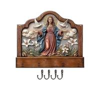 Soporte de pared para llaves, soporte para llaves de pared, soporte de correo, estante de llaves de madera de granja con 4 ganchos de metal para paredes sagradas de Nuestra Señora Guadalupe