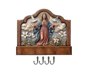 Soporte de pared para llaves, soporte para llaves de pared, soporte de correo, estante de llaves de madera de granja con 4 ganchos de metal para paredes sagradas de Nuestra Señora Guadalupe