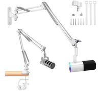 Soporte de pared para micrófono blanco y soporte de abrazadera de escritorio compatible con Shure FIFINE Blue Yeti, Razer, HyperX Kit de micrófono para transmisión, podcasts, transmisión y juegos