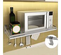 Soporte de pared para microondas de acero inoxidable con 5 ganchos, cocina que ahorra espacio para un almacenamiento eficiente y fácil acceso.