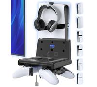 Soporte de Pared para PS5 Compatible con Consolas P5/Slim/Pro, Soporte Vertical para PS5 para Base Mando P5, Kit de Montaje en Pared para PlayStation 5 Accesorios con Gancho Auriculares, Negro