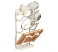 Soporte de pared para tapa de olla con bandeja de drenaje, organizador de cocina con ventosa que ahorra espacio para instalación sin taladro, hecho de acero al carbono resistente al óxido (blanco L)