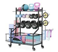 Soporte de pesas ajustable en 4 etapas, con ruedas y ganchos, soporte multifunción, para colchonetas de yoga, mancuernas, rodillo de espuma, bandas de resistencia, 60 × 40 cm