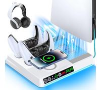 Soporte de Refrigeración para PS5 Compatible con PS 5/Slim/Pro, Cargador para Mando PS5, Ventilador para PS5 de 3 Velocidades con Iluminación RGB, Cargador Inalámbrico & Accesorios PS 5 Almacenamiento