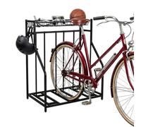 Soporte de suelo para bicicletas Relaxdays, 3 bicicletas, ancho de rueda ajustable, cesta y 6 ganchos, regulable, negro
