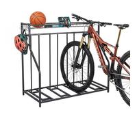 Relaxdays Soporte para Bicicletas con Suelo para 4 Bicicletas, Ancho de neumático Flexible, Cesta y 6 Ganchos, Soporte múltiple Ajustable, Color Negro