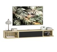 Soporte de TV de pared HOMCOM 120 cm, soporte de TV para televisores de hasta 50", cajón abatible, 2 estantes abiertos y gestión de cables, banco de TV de pared para salón, negro y efecto madera
