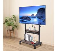 Soporte de TV móvil con ruedas para televisores de plasma/LCD/LED de 43 a 86 pulgadas, altura regulable, carrito de TV con estante de madera, soporta hasta 100 kg (negro)