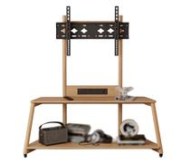 Soporte de TV portátil con ruedas, soporte de monitor de madera maciza con toma de corriente y estante, ángulo ajustable, carrito de TV rodante para dormitorio, sala de estar, oficina