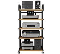 Soporte de video de 5 niveles con ruedas, moderno estante de esquina de madera para TV, HiFi y amplificadores, estante multimedia resistente para entretenimiento en el hogar y configuración de juegos