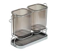 Soporte de vidrio para cepillo de dientes para baño, 2 ranuras verticales a rayas con estante de metal dorado y bandeja de drenaje, juego organizador de tazas de pasta de dientes para encimera