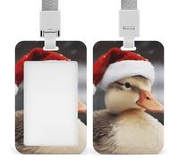 Soporte deslizante para tarjetas de identificación con cordón, soporte para tarjetas de identificación, diseño de pato con sombrero de Papá Noel, protector de tarjetas con ventana de identificación