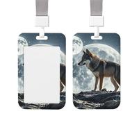 Soporte deslizante para tarjetas de identificación, funda vertical de plástico duro con diseño de lobo bajo la luna, impermeable, protector de nombre con cordón, funda para tarjetas de identificación