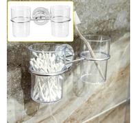 Soporte doble para vaso de cepillo de dientes con soporte de ventosa y marco de acero inoxidable resistente a la corrosión, incluye dos vasos de plástico transparente