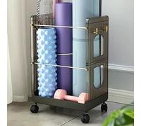 Soporte duradero para esterilla de yoga con ruedas y frenos, organizador que ahorra espacio para accesorios de gimnasio en casa (marrón)
