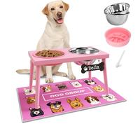 Soporte elevado ajustable para cuencos para perros con alimentador lento, 2 cuencos de acero inoxidable de 58 onzas, soporte elevado para alimentos y agua para perros medianos y grandes, color rosa