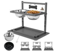 Soporte elevado gris para cuenco para perros con dos cuencos de acero inoxidable de 1700 ml, un comedero lento y alfombrilla de silicona para mascotas, comedero ajustable para perros, cuencos elevados