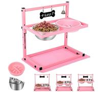 Soporte elevado rosa para cuencos para perros con dos cuencos de acero inoxidable de 1700 ml, un comedero lento para perros y tapete a prueba de derrames, comedero ajustable para perros, cuencos
