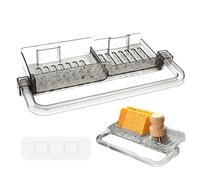 Soporte Esponja Fregadero, Porta Estropajos Fregaderos con Toallero, Soporte Estropajo Fregadero Sin Taladrar, Colgar Organizador de Cocina para Sponge, Cepillo y Trapos, Plástico, Gris Transparente