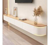 Soporte flotante de TV de 279.9 cm para televisores de 90 a 125 pulgadas, consola de madera maciza montada en la pared con bordes curvos, puertas abatibles y gestión de cables, ideal para salas de