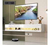 Soporte flotante para TV montado en la pared con toma de corriente, moderno centro de entretenimiento flotante para TV de 80 pulgadas, estante flotante de alto brillo con luces LED para sala de estar