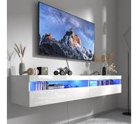 Soporte flotante para TV montado en la pared con toma de corriente, moderno centro de entretenimiento flotante para TV de 80 pulgadas, estante flotante de alto brillo con luces LED para sala de estar