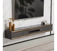 Soporte flotante para TV montado en la pared, consola multimedia de entretenimiento con cajones y almacenamiento, diseño moderno con ribete dorado, estante de almacenamiento multifuncional para sala