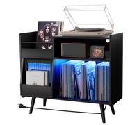 Soporte grande para tocadiscos con puerta corredera, armario de almacenamiento de discos de vinilo de 350 grados, mesa de tocadiscos con toma de corriente y luz LED, soporte giratorio con patas de