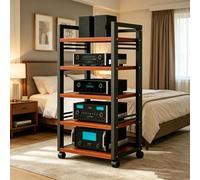 Soporte HiFi 5 Niveles, Soporte para CD/DVD con Ruedas, Altura Ajustable, Estanteria Salon Reproductores Soportes, para Salón Dormitorio(Teak)