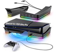 Soporte horizontal con luz RGB para PS5 Slim, soporte de base para Playstation 5 Slim Disc/edición digital con 14 luces coloridas y 4 puertos USB, soporte estable para accesorios delgados de PS5