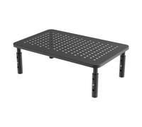 Soporte metálico para monitor con altura ajustable y plataforma de malla.