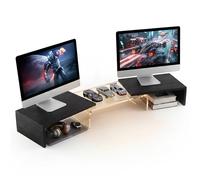 Soporte Monitor Doble Escritorio con Puente Acrílico Central Transparente, Elevador Monitor para 2 Pantallas, Organizador de Escritorio Negro Altura Ergonómica para Teclado RGB, Oficina y Gaming