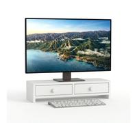 Soporte Monitor Relaxdays, 2 cajones, 12,5x47x18 cm, MDF, Elevador de Escritorio, Soporte PC, Blanco