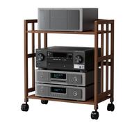 Soporte multimedia HiFi AV de 2 niveles con ruedas, de bambú natural, torre de almacenamiento para reproductor de DVD/CD/reproductor de discos estéreo, centro de entretenimiento, elegante y funcional