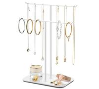 Soporte organizador de joyas para collares, 2 niveles, barra en T, árbol de exhibición de joyas con bandeja para encimera, collar, pulsera, aretes, tocador, lavabo de baño, color blanco