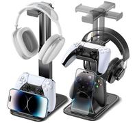 Soporte para Auriculares y Mando para Mesa con Soporte para Móvil, Gancho Giratorio 360°y Altura Ajustable para Cascos Gaming, Suporte Universal para Mandos con Organizador de Cables, Accesorios Setup