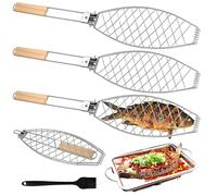 Soporte para barbacoa de pescado con mango de madera, 3 unidades, 63 x 12 cm, asador de pescado grande con mango de metal, pinzas para barbacoa y barbacoa