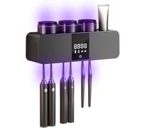 Soporte para cepillo de dientes eléctrico montado en la pared, desinfectante y soporte con dispensador de pasta de dientes de luz UV y organizador inteligente de cepillos de dientes de 3 tazas para