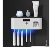 Soporte para cepillo de dientes montado en la pared con dispensador de pasta de dientes, carga solar y sin necesidad de taladrar, organizador inteligente de cepillos de dientes con 5 ranuras para