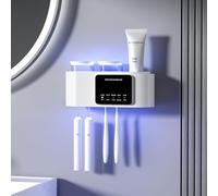 Soporte para cepillos de dientes con dispensador de pasta de dientes, dispensador de pasta de dientes eléctrico montado en la pared para niños y adultos, 4 ranuras para cepillos, 2 tazas magnéticas,