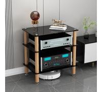 Soporte para equipos de audio, equipado con estantes de vidrio templado de 8 mm, columnas de madera maciza y pies metálicos antivibración, para oficinas en casa(Black,60*40*66cm/23.6*15.7*26in)